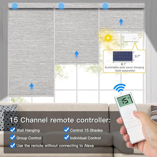 Tokblind Motorized Blackout Roller Shade Fabric Covered Valance and Bottom Rod, Remote Control Electric Window Blind Compatible with Alexa Google via Hub, Custom Size (Texture Grey - Wrapped Fabric)