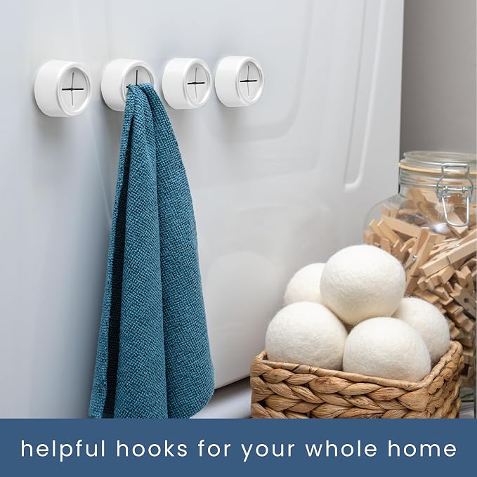 S&T INC. Adhesive Push Towel Hooks, 4 Pack, Matte White | 2 Installation Options, Round Hooks for Kitchen, Bathroom, Garage and Home Use, Organization Hooks, Strong Grip