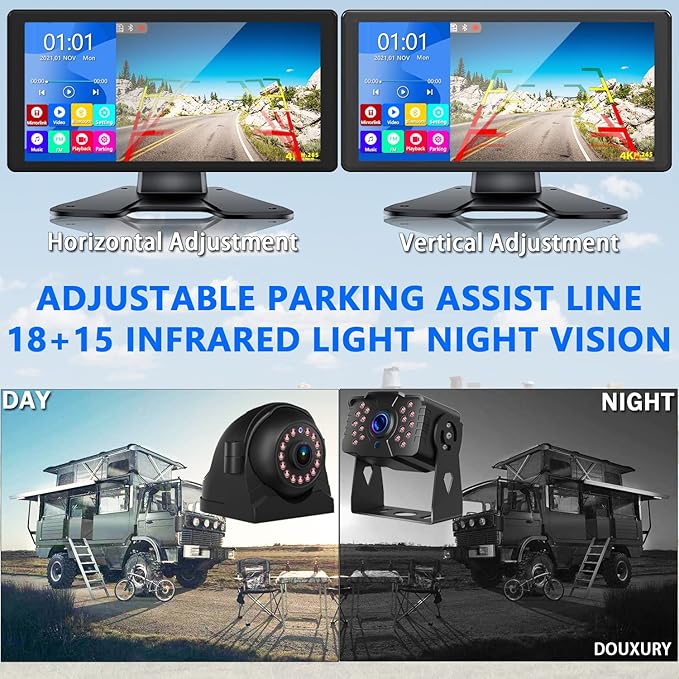 RV Backup Camera for RV Truck Semi Truck Trailer, 4K 10.36" Touch Monitor with Recording DVR MP5 Bluetooth Adjustable Parking Assist Line & Four 1080P AHD IP69 Waterproof Rear Side View Backup Cameras