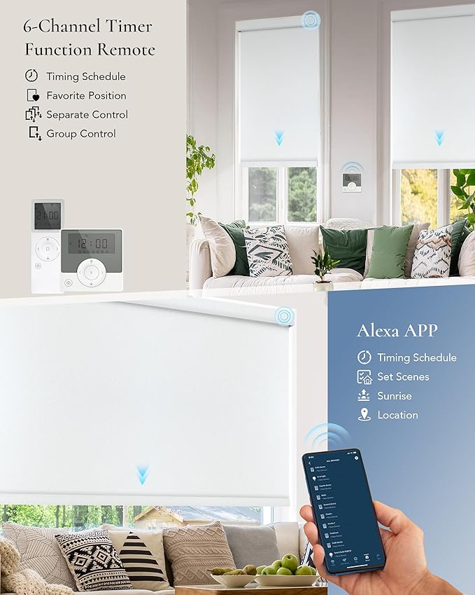 Motorized Blinds Compatible with Alexa Google 100% Blackout Smart Blind Automatic Window Roller Shades Remote Control Custom Size Double-Sided Fabric White