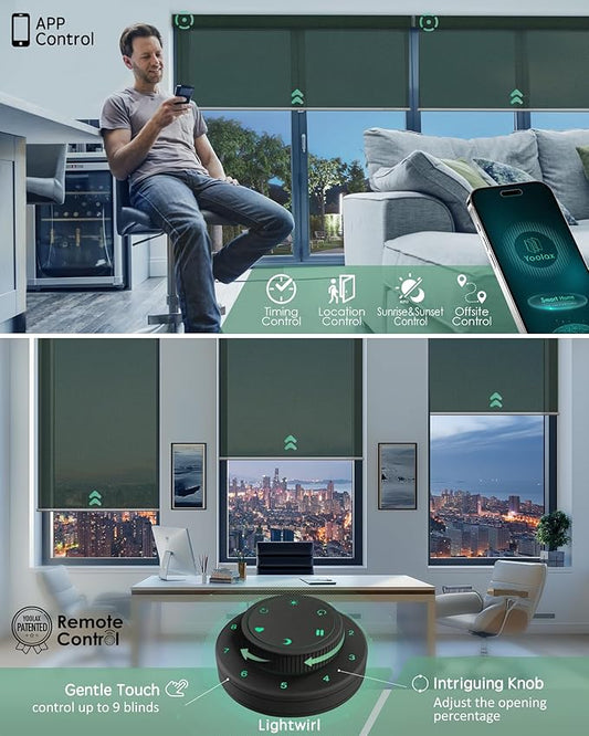 Yoolax Motorized Solar Shades Light Filtering Motorized Blinds with Remote Smart Blinds Compatible with Alexa, Google, Flame Retardant Roller Shades for Windows, Customized (3% Openness Jade Green)