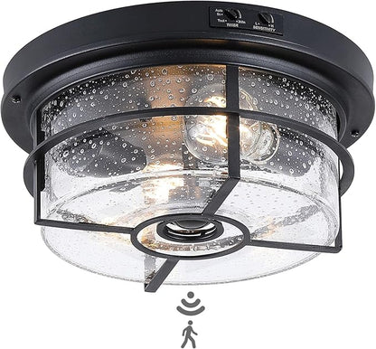 CALOKES Motion Sensor Outdoor Flush Mount Ceiling Light - Sleek Round Exterior with Seeded Clear Glass - Perfect for Front Porch, Garage, Entryway