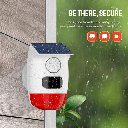 PGST Solar Strobe Alarm Light, Wireless Security Alarm with Remote Control, IP65 Waterproof Solar Powered Siren, 120dB Loud Sound for Home, Farm, Barn, Villa, Yard and Property Safety
