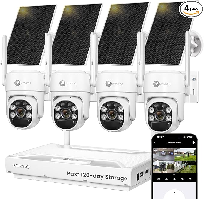 xmartO Wire-Free Solar PTZ AI Tracking Security Camera System, 4-Cam Kit, 4MP 2K QHD + 4K 10CH Expandable WiFi NVR, 120-Day+ Local Video Storage, All-Weather Solar Charging