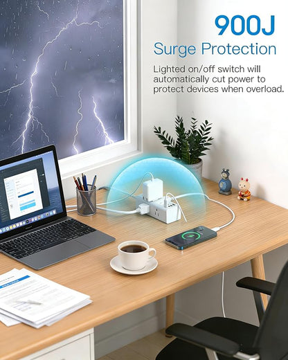 Flat Plug Extension Cord 25Ft, One Beat 900J Surge Protector Power Strip 25 Ft Long Cord with 6 Widely Outlets 4 USB Ports (2 USB C), Wall Outlet Extender Charging Station for College Dorm Room Office