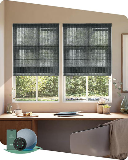 Yoolax Motorized Roman Shades with Remote, Smart Roman Shades for Indoor Windows, Light Filtering Automatic Blinds Work with Alexa, Google, Apple Homekit for Living Room, Customized (Strip Dark Grey)