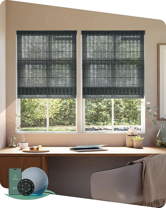 Yoolax Motorized Roman Shades with Remote, Smart Roman Shades for Indoor Windows, Light Filtering Automatic Blinds Work with Alexa, Google, Apple Homekit for Living Room, Customized (Strip Dark Grey)