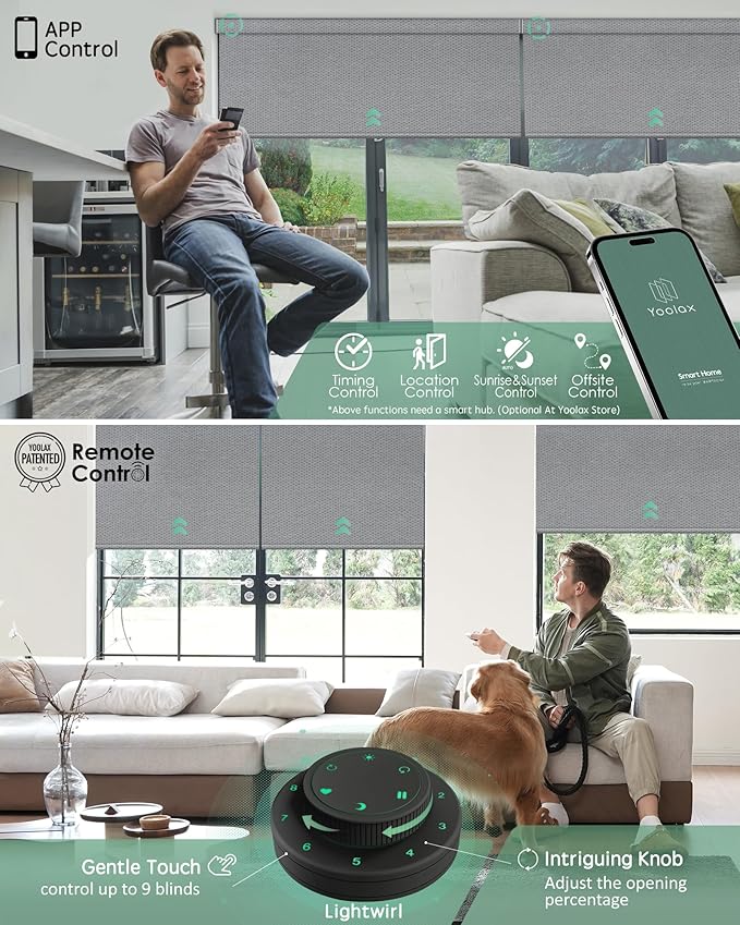Yoolax Motorized Blinds with Remote, Designer Smart Blinds Work with Alexa, Google, Apple Homekit, 100% Blackout Motorized Shades Custom Electric Shades Voice Control (V-Jungle Grid Light Gray)