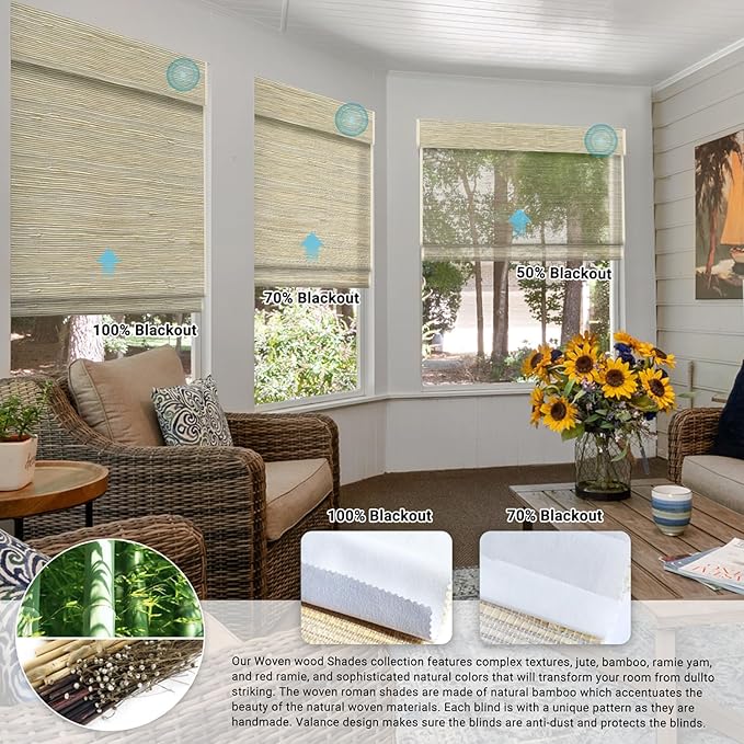 SmartWings Motorized Natural Woven Wood Shades for Windows Work with Matter Homekit Z-Wave Alexa Google, 50%/70%/100% Blackout Electric Auto Roman Shades Cordless Remote Control Customized, Linen 004