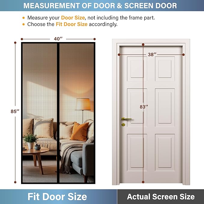 Magnetic Fiberglass Screen Door -Fit Door Size 38.0 x 83.0'' Screen Door Mesh for Front Door or Sliding Door, Pet & Kid Friendly, Stripe Black