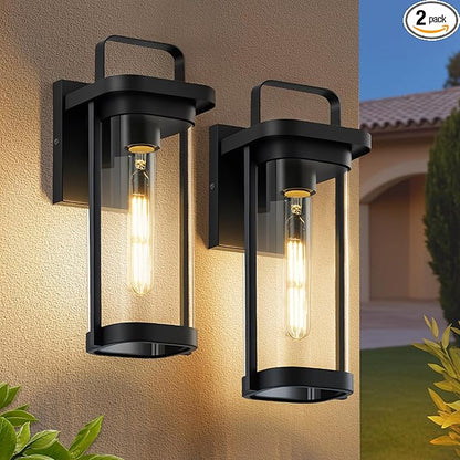 2-Pack Outdoor Wall Lights, Porch Lights, Waterproof Outdoor Wall Sconce Lanterns, 13.5" Exterior Lighting Fixtures Matte Black with Clear Glass Shade for House Patio Garage Doorway Entryway