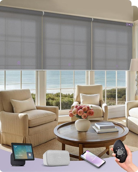 Graywind Smart Coupled Roller Shades Compatible with Alexa Google Custom Size Extra Large Motorized Blinds for Windows(5% Openess Grey)