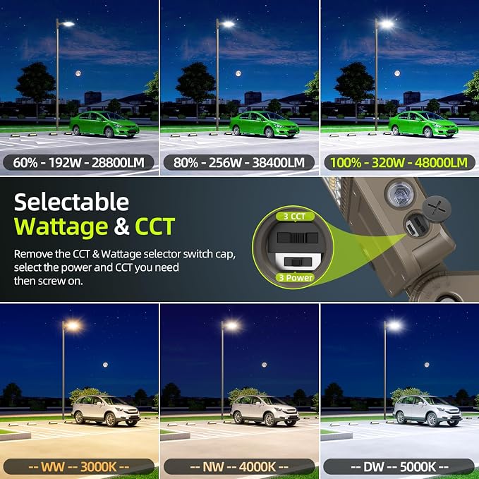 320W LED Parking Lot Light 48000LM, Power Tunable & 3CCT (3000K-5000K) ETL Listed LED Pole Light IP65 Super Bright Commercial Flood Light with Photocell Arm & Slip Fitter Mount, AC100-277V