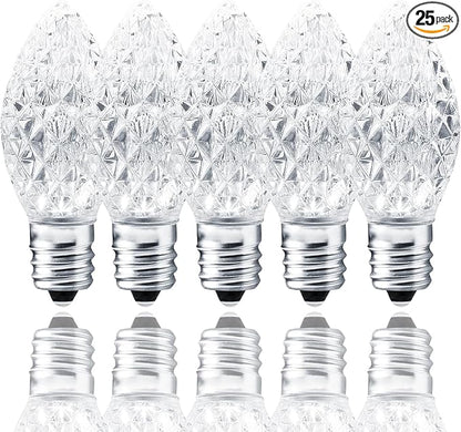 25 Pack C7 LED Replacement Bulbs- Cool White Bulbs Dimmable for Christmas Outdoor Indoor String Lights, IP65 Waterproof White LED Night Light Bulbs, 0.72 Watts, C7/E12 Candelabra Base