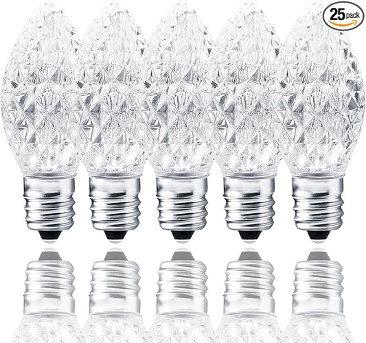 25 Pack C7 LED Replacement Bulbs- Cool White Bulbs Dimmable for Christmas Outdoor Indoor String Lights, IP65 Waterproof White LED Night Light Bulbs, 0.72 Watts, C7/E12 Candelabra Base