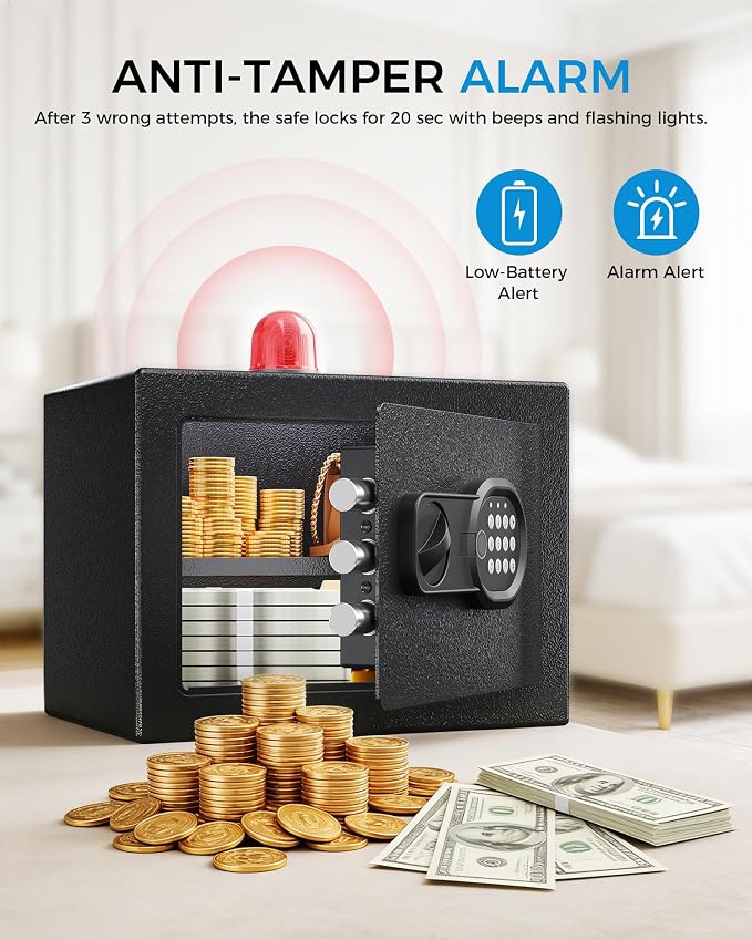 GTPLAYER Safe Box 0.8 Cubic Feet for College Dorm Room with Electronic Keypad & Fingerprint, Shelf, Wall Mount Kit, Hidden Home Safe for Money, Jewelry & Documents