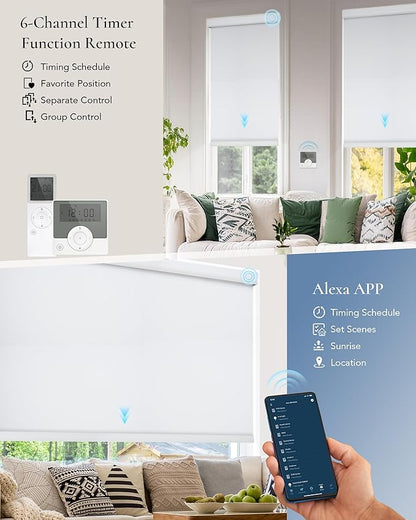 Motorized Blinds Compatible with Alexa Google Custom to 115" Width 100% Blackout Smart Blind Automatic Large Window Roller Shades Remote Control Pure White