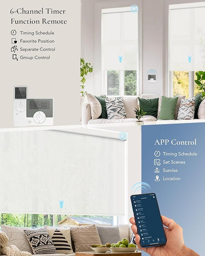 Smart Shades Compatible with Alexa Google Custom to 115" Width Light Filtering Motorized Blinds Automatic Large Window Roller Shade Remote Control 50% Blackout Solar White