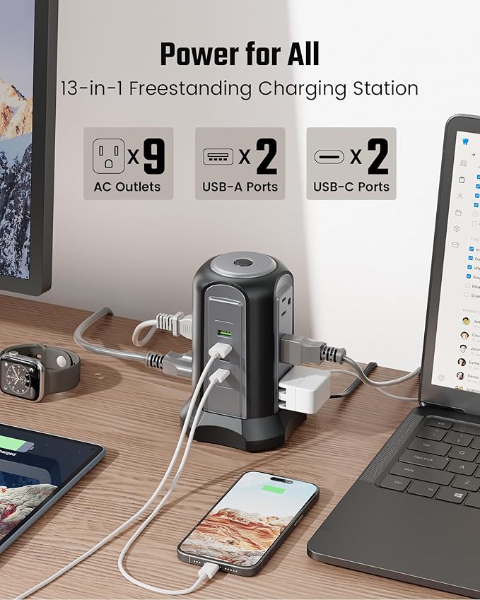 Power Strip Tower Surge Protector, SUPERDANNY Desktop Charging Station, 10 Ft Extension Cord, 9 Outlets, 4 USB Ports, 1080 Joules, 3-Prong, Grounded, Multiple Protections for Home, Office, Black