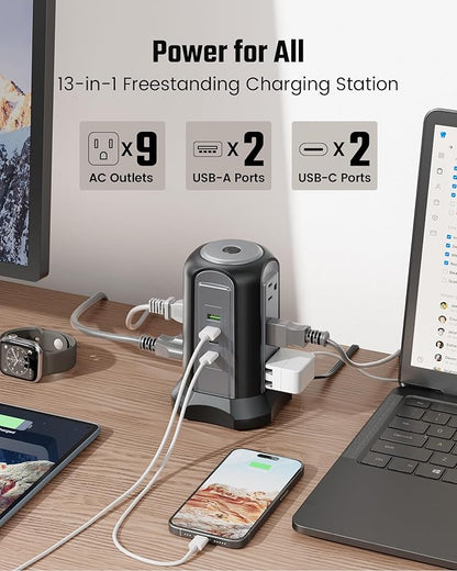 Power Strip Tower Surge Protector, SUPERDANNY Desktop Charging Station, 10 Ft Extension Cord, 9 Outlets, 4 USB Ports, 1080 Joules, 3-Prong, Grounded, Multiple Protections for Home, Office, Black