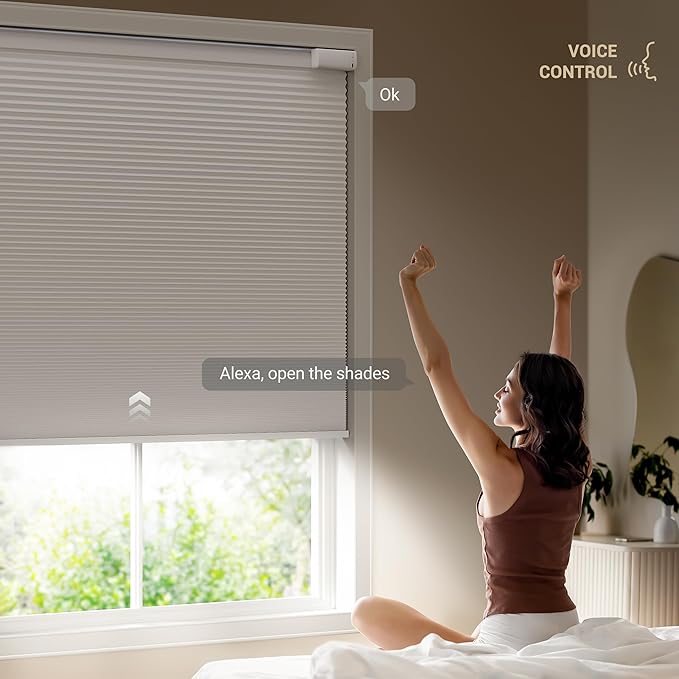 No Drill Motorized Cellular Shades, Cordless Blackout Honeycomb Blinds for Windows, Smart Automatic Blinds Compatible with Alexa/Google Home/Smarthings, Black