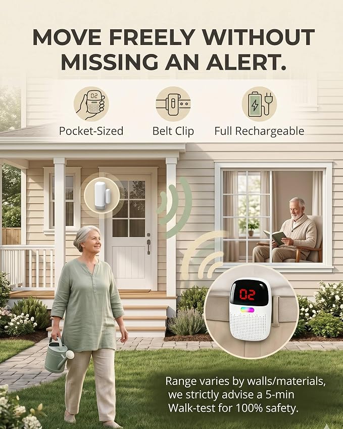PILSAMAS Rechargeable Whole House Door Alarm System for Wandering Seniors | 1 Receiver 4 sensors, Full rechargeable, 1000ft range, Portable LED ID receiver, Vibrate, No monthly fee, For elderly & kids