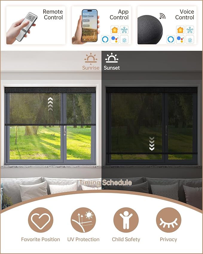 Kincmo Motorized Blinds with Remote, Light Filtering Roller Shades Work with Apple Homekit,Alexa,Google Home, Custom Electric Blinds with App,Voice Control (50% Blackout Eclipse Shadow Black)