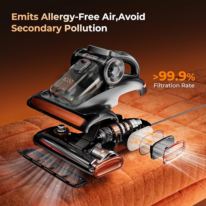 JIGOO T600 Bed Mattress Vacuum Cleaner with UV-C Light, 15Kpa Suction, 700W | 700W Motor, Handheld, Double Cup, Smart Dust Sensor, Ultrasonic, Heating Tech, MIF Filter, Deep Clean for Bed, Sofa, Pet Hair