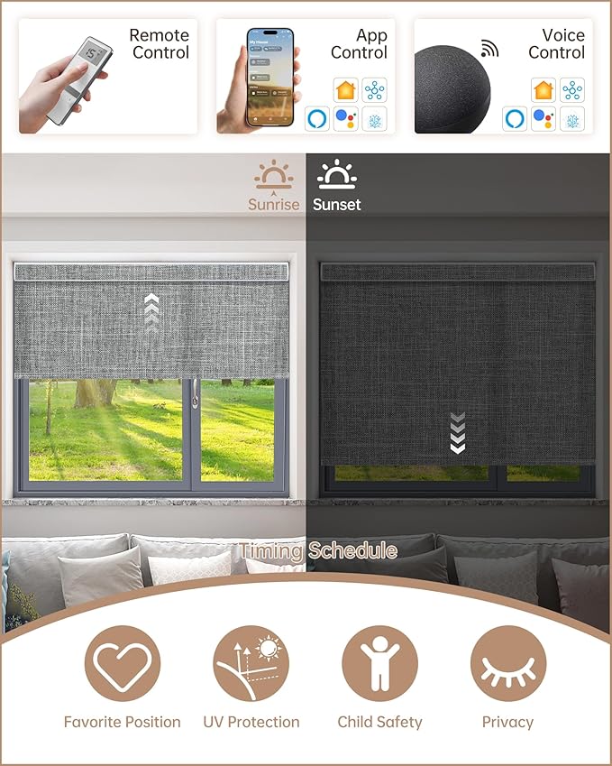Kincmo Motorized Blinds with Remote, Light Filtering Roller Shades Work with Apple Homekit,Alexa,Google Home, Custom Electric Blinds with App,Voice Control (75% Blackout Meridian Grey)