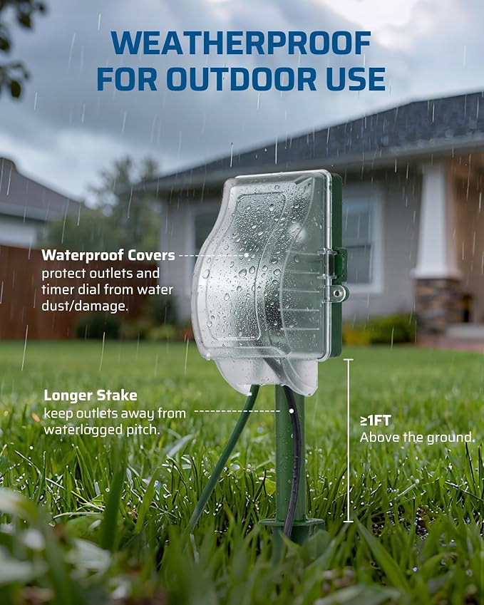 DEWENWILS Outdoor Power Stake Timer, Dusk to Dawn Timer with 6 Outlets | 1800W/15A, 6ft Extension Cord, Waterproof Cover, Overload Protection, Works for Yard, Garden, Patio Lights, ETL Listed