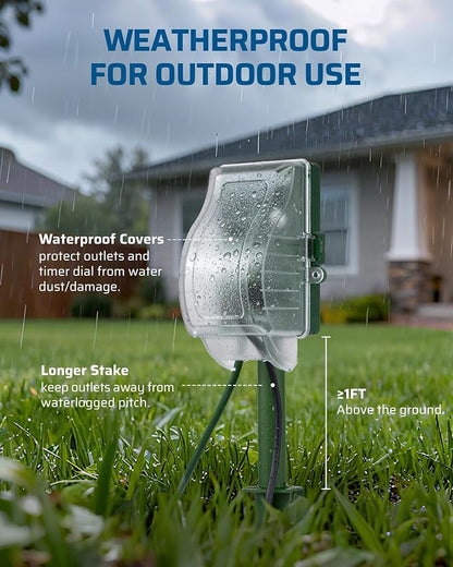 DEWENWILS Outdoor Power Stake Timer, Dusk to Dawn Timer with 6 Outlets | 1800W/15A, 6ft Extension Cord, Waterproof Cover, Overload Protection, Works for Yard, Garden, Patio Lights, ETL Listed