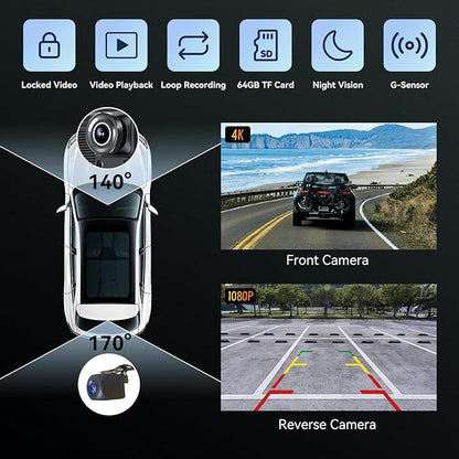 1080p Backup Camera with 10.26” Portable Carplay & Android Auto Touch Screen, Wireless Car Stereo, 4K Dash Cam, Bluetooth/GPS Navigation/Mirror Link/Voice Control/Loop Recording, 64GB TF Card Included