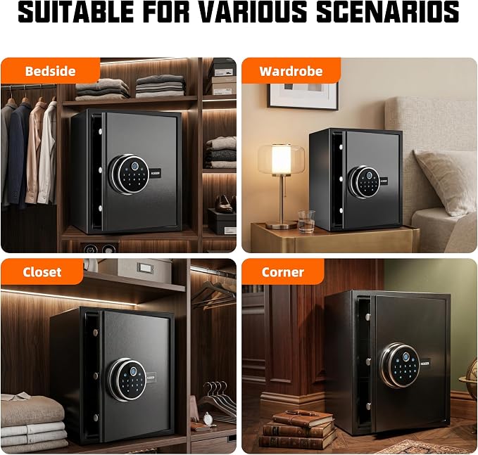 XDeer Biometric Safe with Fireproof Bag, 1.09 CuFt Money Safe with APP | Fingerprint/APP/Backlit Keypad/Keys, LED Light, Adjustable Shelf & Gun Frame, Smart Home Safe for Cash/Jewelry/Document