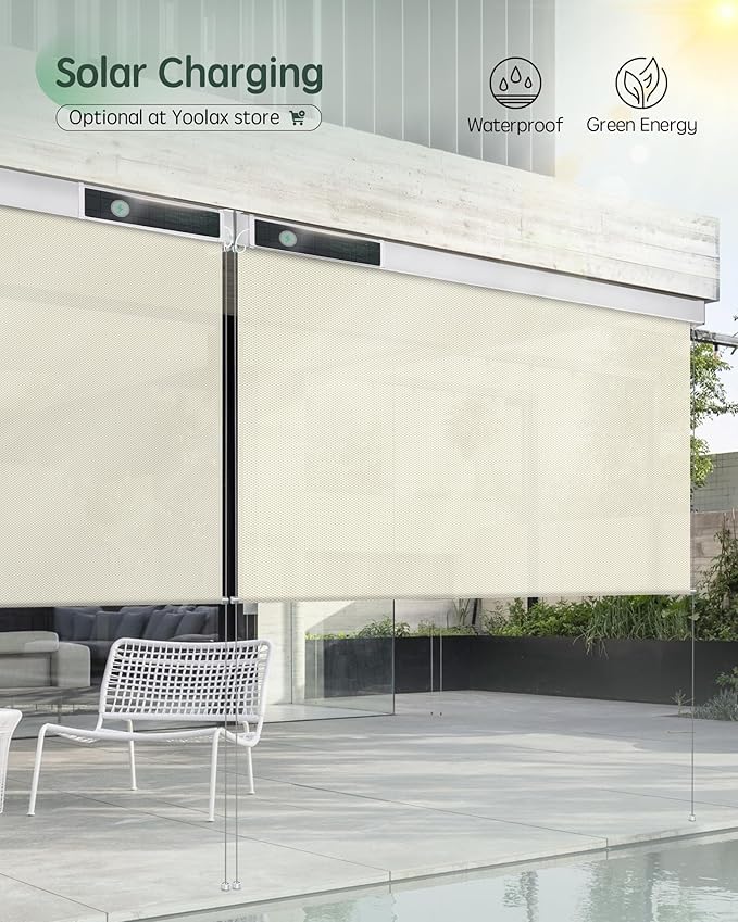 Yoolax Motorized Outdoor Shades Smart Retractable Patio Screens with App & Remote Control, Electric Blinds for Porch Patio Waterproof Roller Shades 6X8ft (3% Openness Beige)