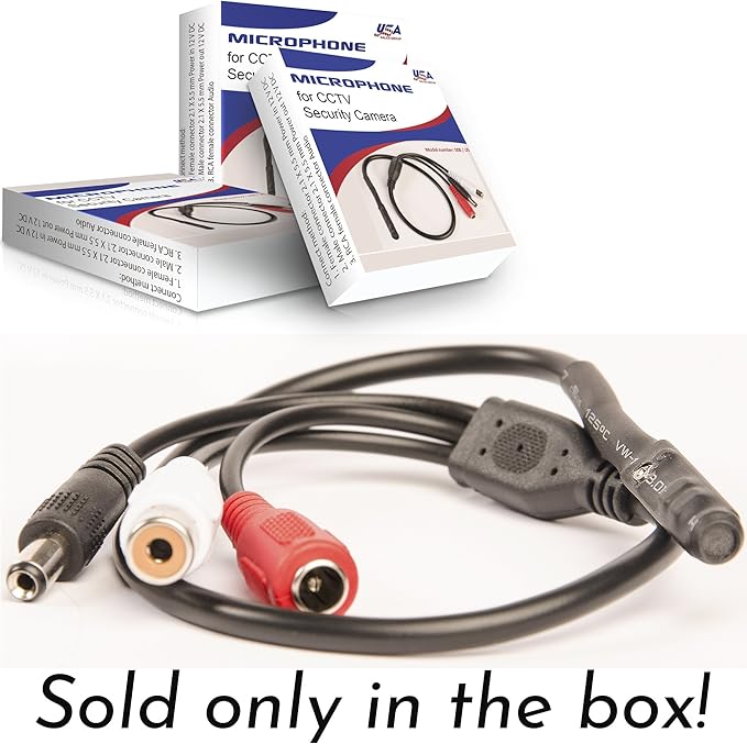 CCTV Microphone with Preamp RCA Audio Out 12V DC — Adjustable Gain — for DVR/NVR & IP Cameras (2 Pack)