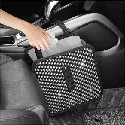 Bling Car Trash Can with Rhinestone,Foldable Car Garbage Can for in-Vehicle Waste Disposal,Multipurpose Hanging Back Seat Organizer & Decorations Fit for Most Cars Trucks