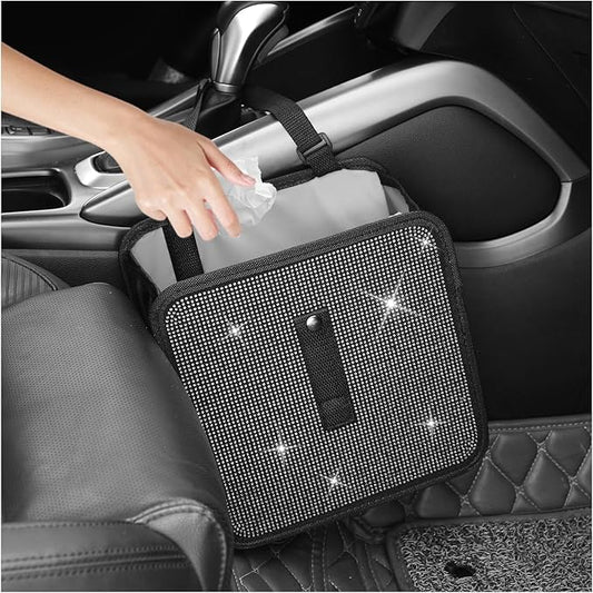 Bling Car Trash Can with Rhinestone,Foldable Car Garbage Can for in-Vehicle Waste Disposal,Multipurpose Hanging Back Seat Organizer & Decorations Fit for Most Cars Trucks
