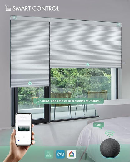 Yoolax Motorized Cellular Shades Compatible with Alexa, Blackout Motorized Blinds with Remote Smart Honeycomb Shades for Indoor Windows, Automatic Blinds Custom Size (Pearl)