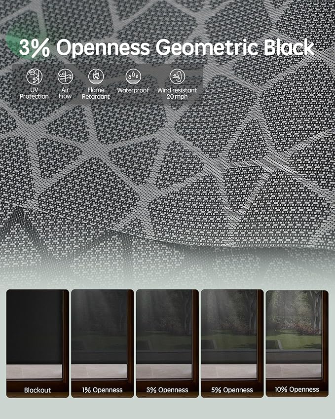 Yoolax Customized Motorized Outdoor Shades, Smart Blinds Compatible with Alexa Google, Remote Control Waterproof Blinds for Patio Porch Windows Outside (3% Openness Geometric Black)