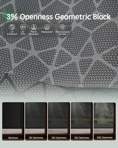 Yoolax Customized Motorized Outdoor Shades, Smart Blinds Compatible with Alexa Google, Remote Control Waterproof Blinds for Patio Porch Windows Outside (3% Openness Geometric Black)