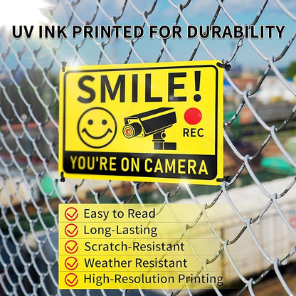4 Pack Smile You're on Camera Signs – Video Surveillance Signs Outdoor, 10"x7" Rust-Free Aluminum Warning Sign, UV Printed, Weatherproof Security Camera Sign for Home, Business, Fence, Driveway, CCTV