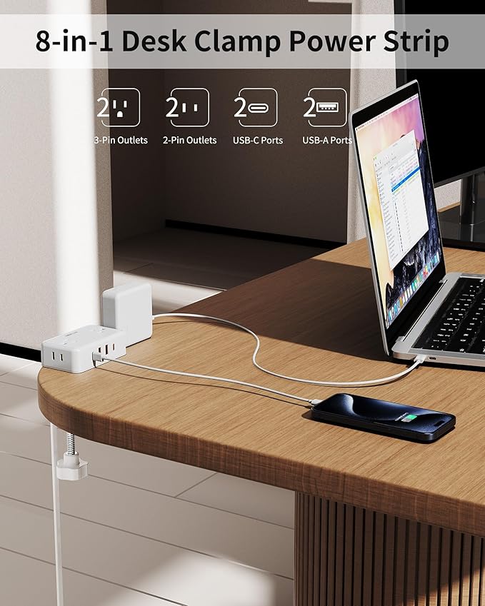 HOPOW Desk Clamp Power Strip, Desktop Mount Charging Station with 4 Outlets 4 USB Ports (2 USB C), 10Ft Under Desk Power Strip, Fits 2.75" Tabletop Edge, Extension Cord for Home Office, White