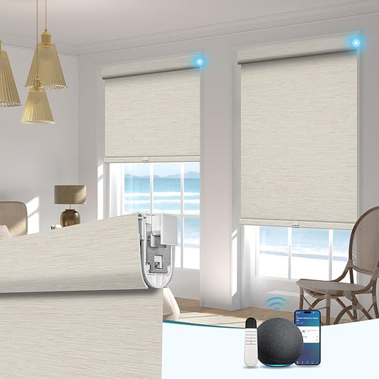 BERISSA Smart Motorized Blinds with Remote,No Drill Automatic Roller Blinds for Indoor Windows,Blackout Linen Fabric,Electric Shades for Windows Home Office,Maze Beige,Custom Size
