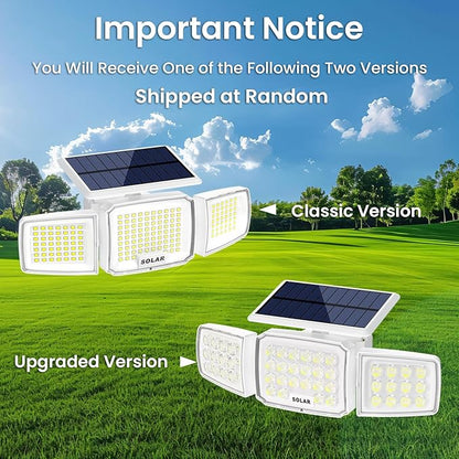 White Solar Security Light Outdoor Super Bright LED, Motion Sensor Flood Light, 3 Heads 270° Wide Angle, Remote Control, IP65 Waterproof, 3 Modes (2 Packs)