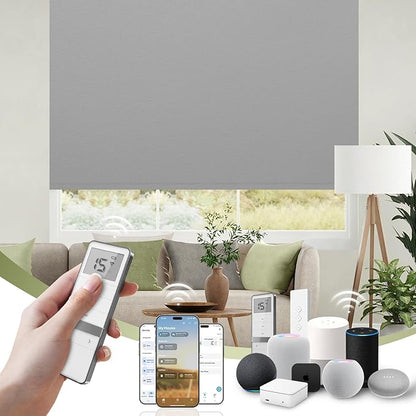 FineTell Motorized Blinds with Remote, 100% Blackout Roller Shades Compatible with Alexa,Apple Homekit,Google Home APP and Voice Control, Customized Electric Blinds (100% Blackout Pure Grey)