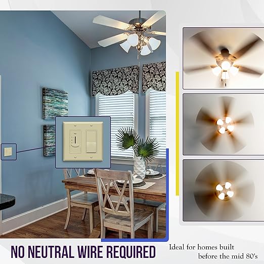 ENERLITES 3 Speed in-Wall Ceiling Fan Control, Slide Switch, 120VAC, 2.5A, Single-Pole, No Neutral Wire Required, 17000-F3-I-F, Ivory