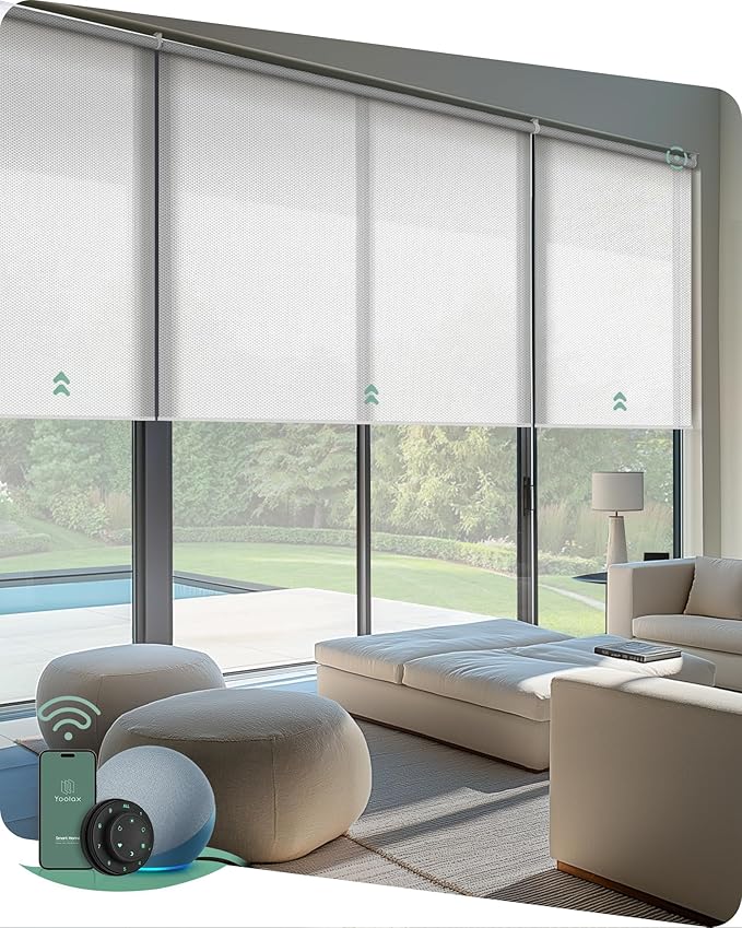 Yoolax Smart Coupled Solar Shades Compatible with Alexa, Motorized Blinds with Remote Flame Retardant Coupled Roller Shades for X-Large Windows, Custom Size (XL - 1% Openness White)