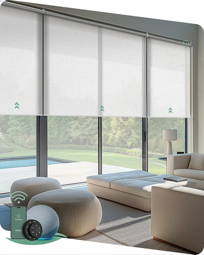 Yoolax Smart Coupled Solar Shades Compatible with Alexa, Motorized Blinds with Remote Flame Retardant Coupled Roller Shades for X-Large Windows, Custom Size (XL - 1% Openness White)
