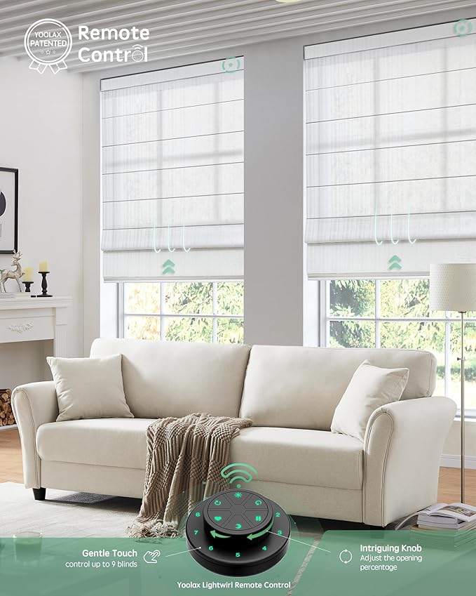 Yoolax Motorized Roman Shades with Remote, Smart Roman Shades for Indoor Windows, Light Filtering Automatic Blinds Work with Alexa, Google, Apple Homekit for Living Room, Customized (Strip White)