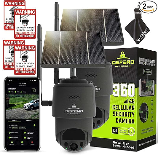 TACTACAM – Defend 360 Cellular Security Camera, 4K Photos, 1080p Video, Solar + Rechargeable Battery, 360° Pan/Tilt/Zoom, LTE Cellular, Motion Alerts, Weather Resistant Includes Warning Signs (2PK)